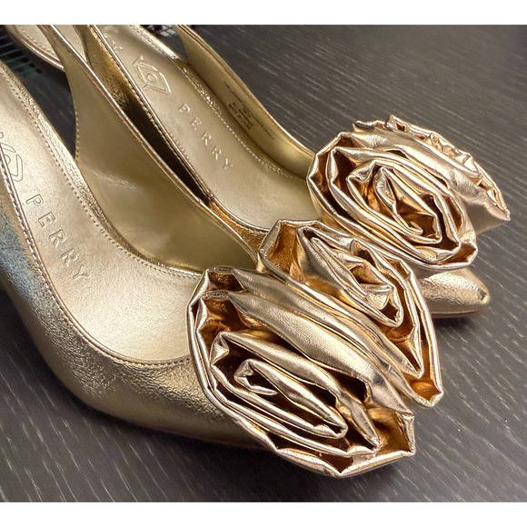 NEW KATY PERRY GOLD THE LATERR HIGH FLOWER SLINGBACK PUMPS HIGH HEELS SHOES 5.5 - Picture 7 of 8